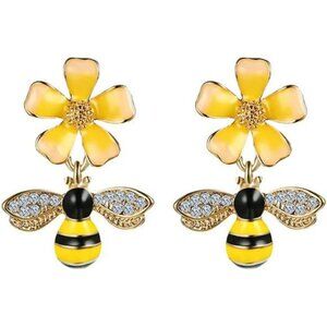 Gold Plated Bee Stud & Drop Earrings with Yellow Flower Crystal - SUNSCSC Jewelr